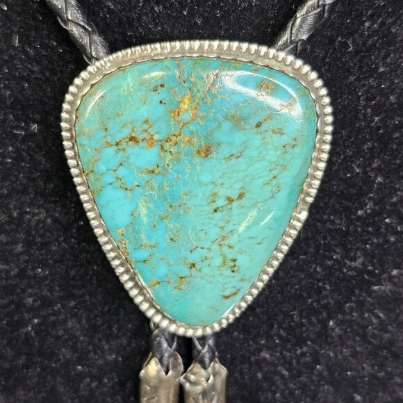 Navajo Turquoise On Silver BOLO Tie Hallmarked K E E with Sterling 925 Tips KEE - Picture 2 of 16